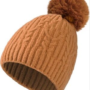 Adult Pom-Pom Cable Knit Beanie - Rust